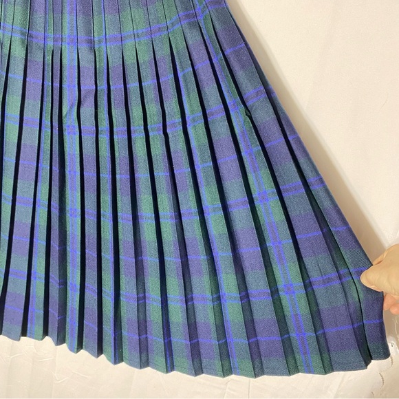 Vintage Bianca Green Blue Plaid Pleated Wool Midi Skirt M - Picture 12 of 14